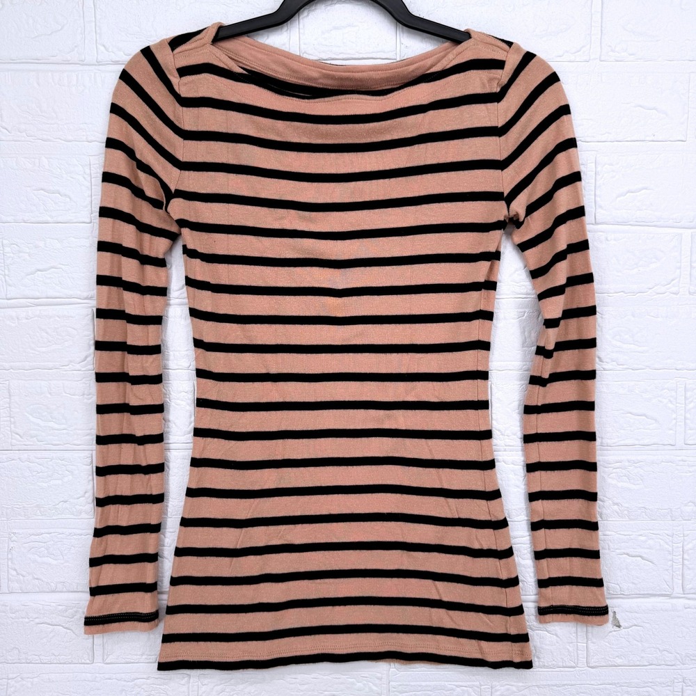 Gap Supersoft Top Women XS Tan Black Striped Boatneck Long Sleeve Casual